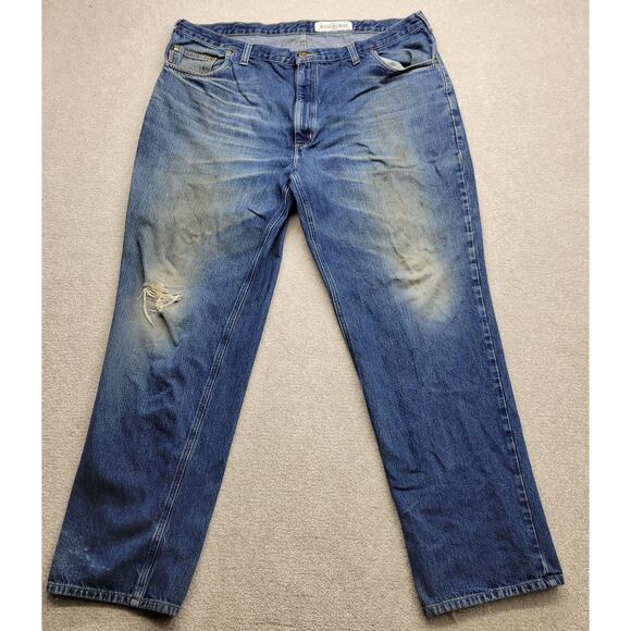 Vintage Distressed Carhartt Jeans Men’s 44x34 Relaxed Denim Leather Patch - Picture 1 of 9